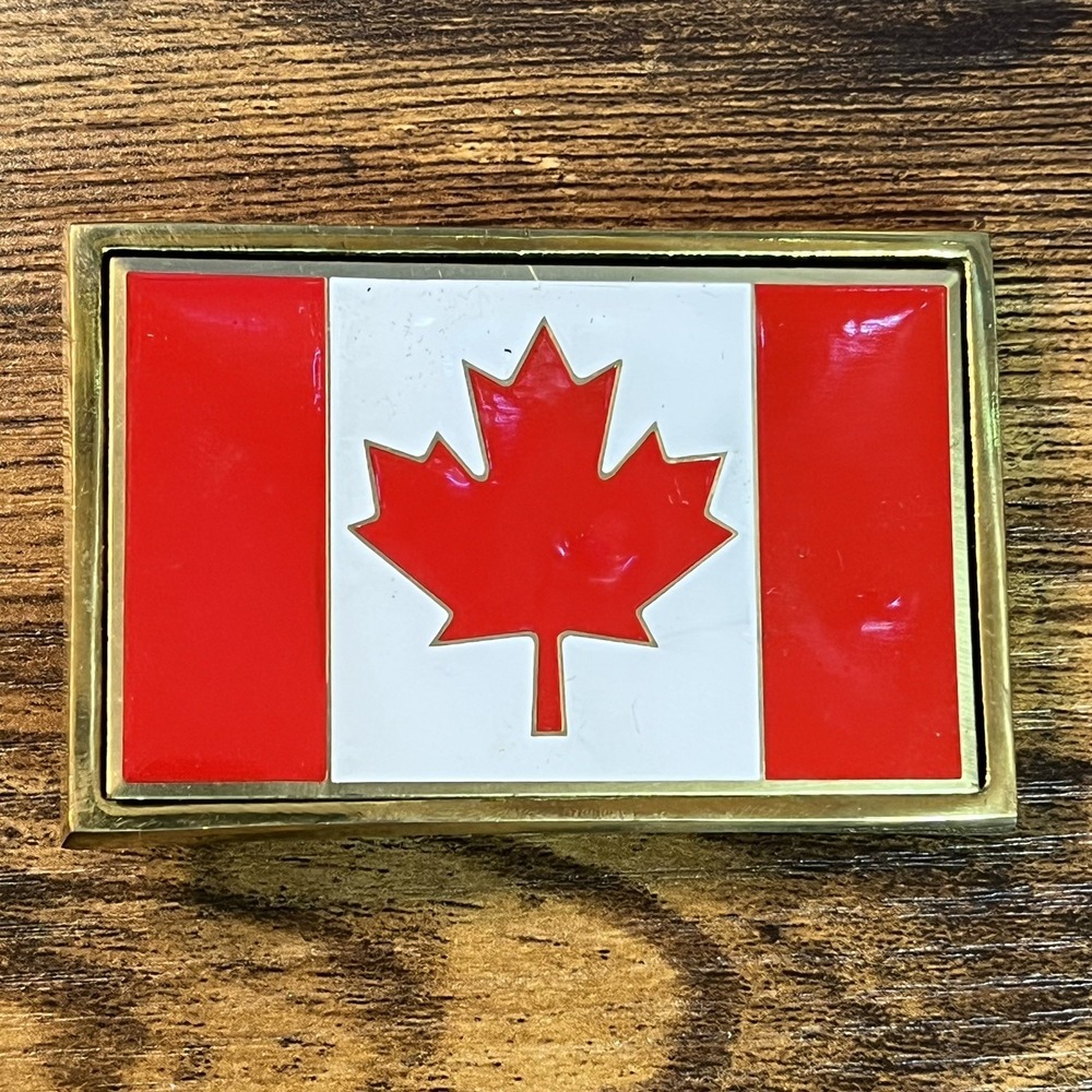 Vintage 1989 Canada Flag Belt Buckle Red White Maple Leaf Solid Brass NAP Inc